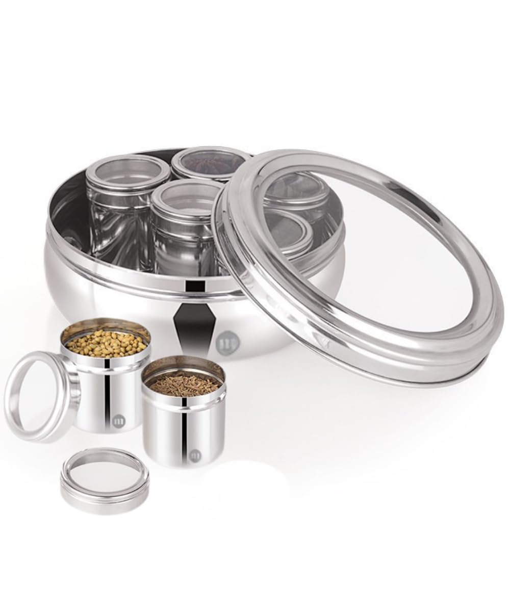 MARU 12 IN 1 Stainless Steel Indian Masala Box with See Through Lids, Elegant Spice box, Masala Dabba with 9 Spice Containers & 4 spoons for Kitchen Rack Organizer, Spice Storage Container for Kitchen