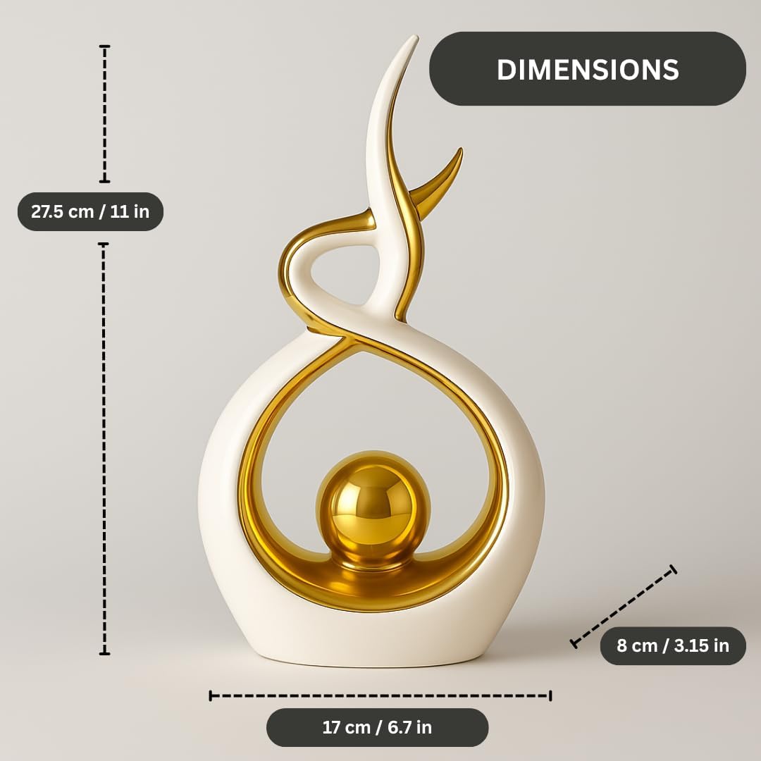 White & Gold Abstract Ceramic Ornament – Modern Decorative Sculpture for Living Room, Shelf & Coffee Table Décor – Minimalist Home Accent, Table Centerpiece Gift for Home Lovers