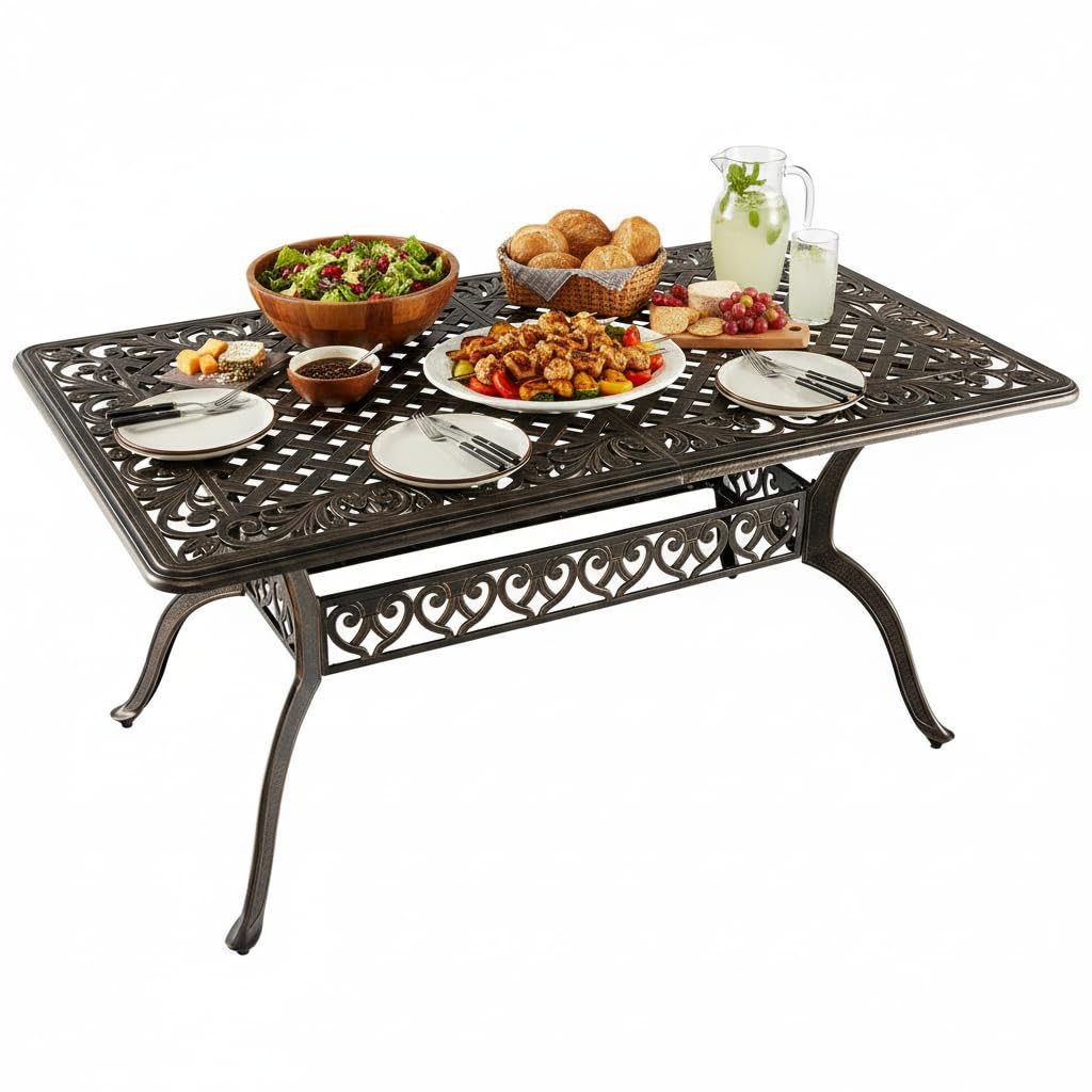 Tangkula 59 Inches Outdoor Dining Table, All-Weather Cast Aluminum Table with Umbrella Hole, 6-8 Person Rectangular Dining Table for Garden, Backyard and Poolside (Bronze)