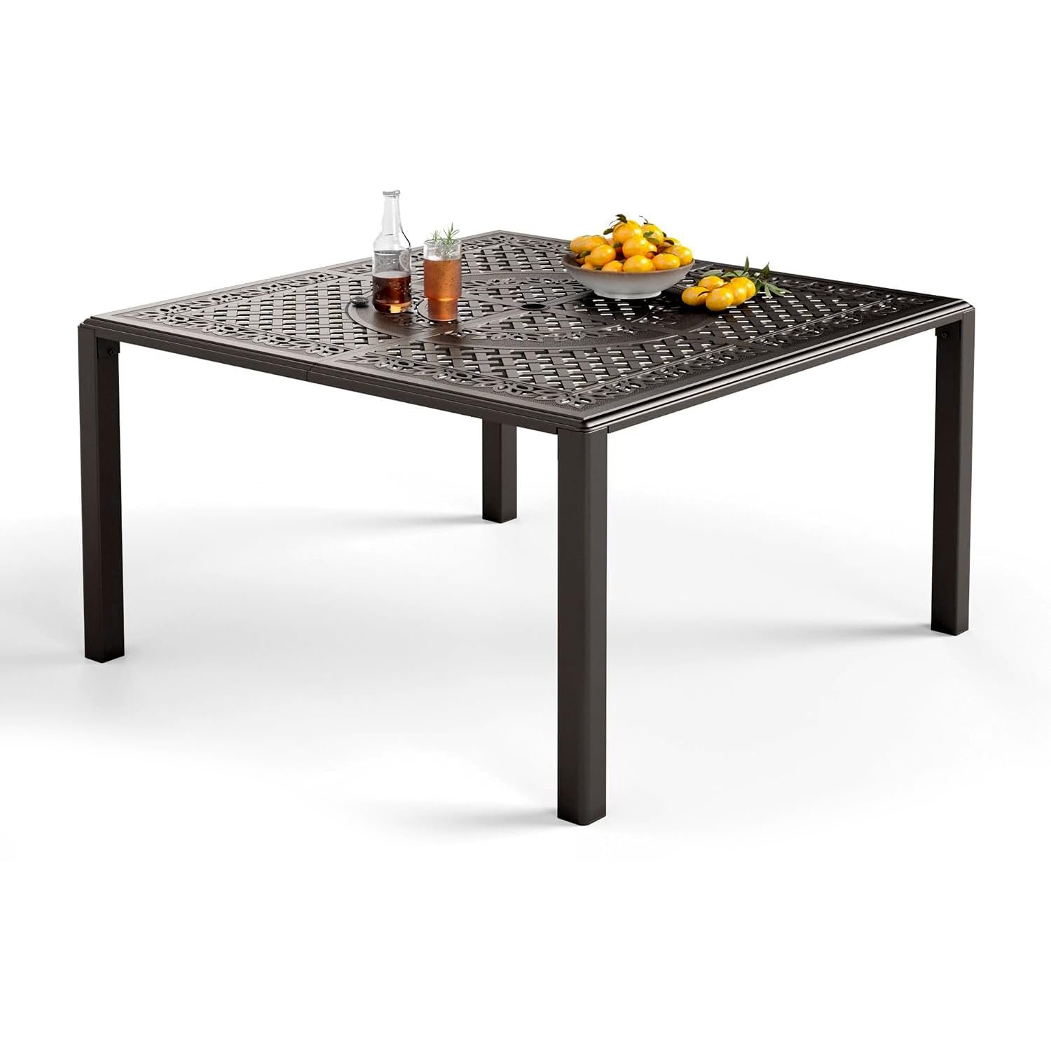 PHI VILLA 64" Outdoor Cast Aluminum Table for 6, Brown Rectangular Metal Dining Table with Umbrella Hole, All Weather Retro Patio Furniture for Outside Deck, Porch, Backyard