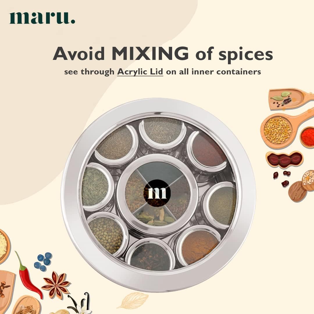 MARU 12 IN 1 Stainless Steel Indian Masala Box with See Through Lids, Elegant Spice box, Masala Dabba with 9 Spice Containers & 4 spoons for Kitchen Rack Organizer, Spice Storage Container for Kitchen