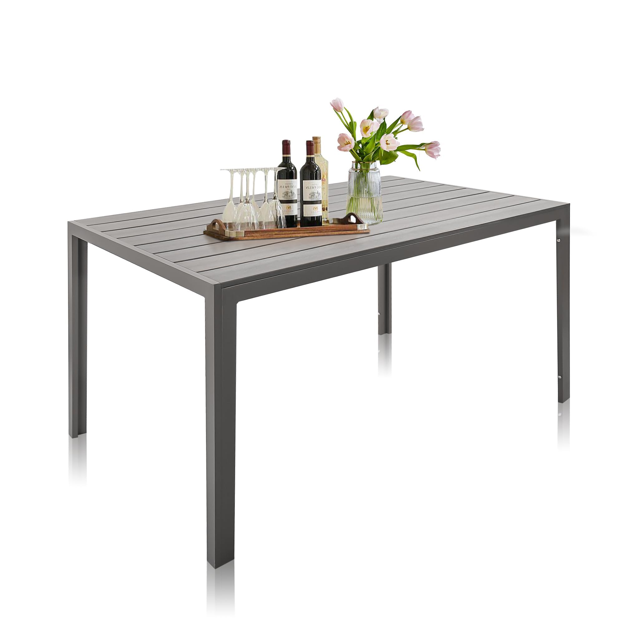 LUCKYERMORE Outdoor Dining Table for 6-8 Person, 71" Rectangular Patio Dining Table with Aluminum Frame, Black Table for Deck Garden Lawn Backyard Use