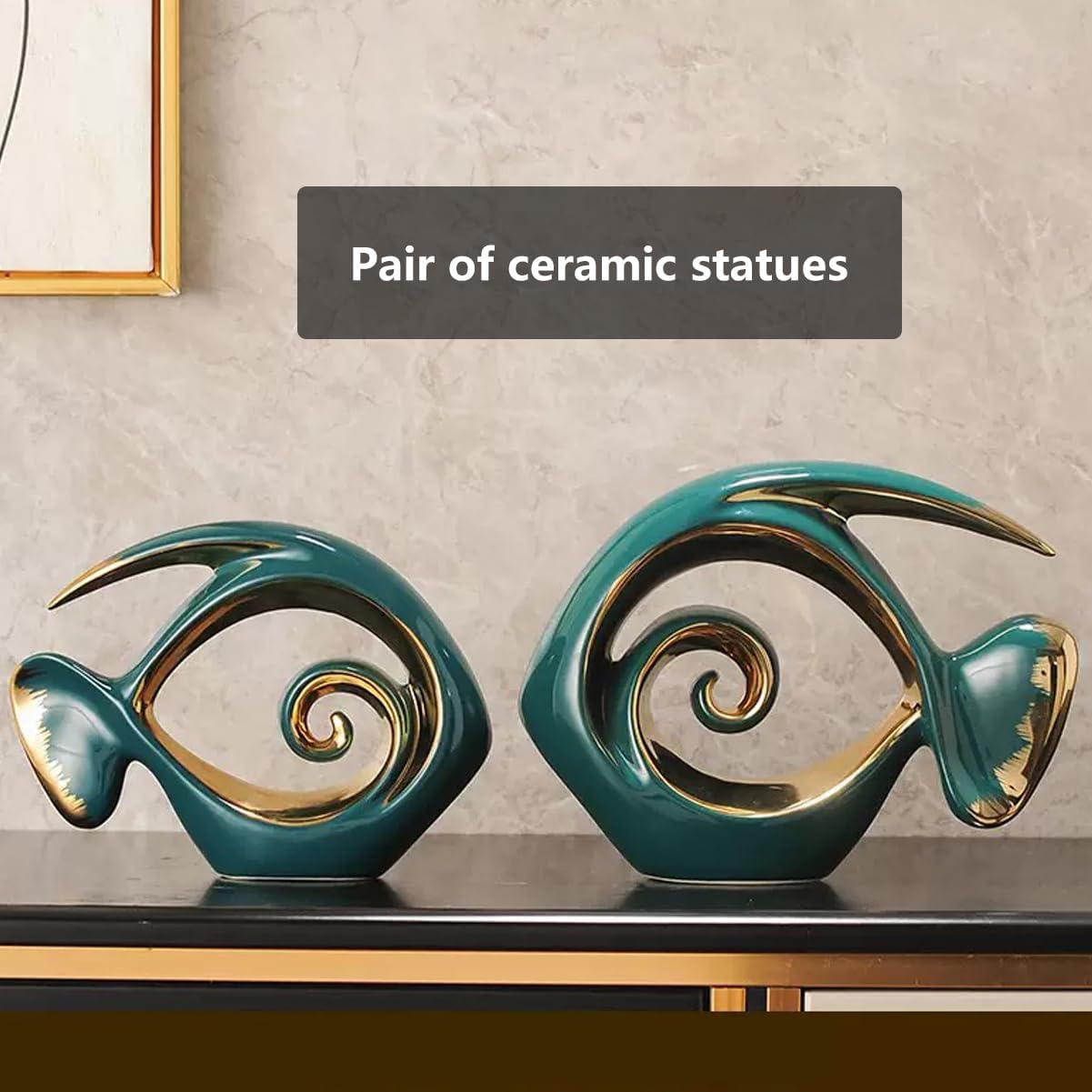 Ceramic Statues Angelfish Home Decor Modern Style Figurine Green and Gold Decorative Ornaments for Living Room, Table Centerpiece, Kitchen, Office Desktop, Shelf, Entryway Decoration