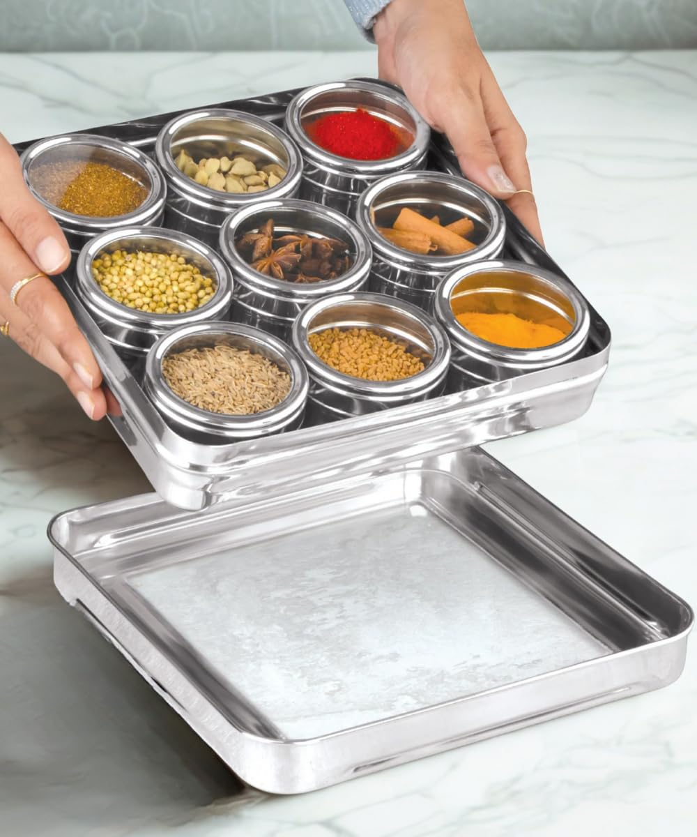 MARU 12 IN 1 Stainless Steel Indian Masala Box with See Through Lids, Elegant Spice box, Masala Dabba with 9 Spice Containers & 4 spoons for Kitchen Rack Organizer, Spice Storage Container for Kitchen