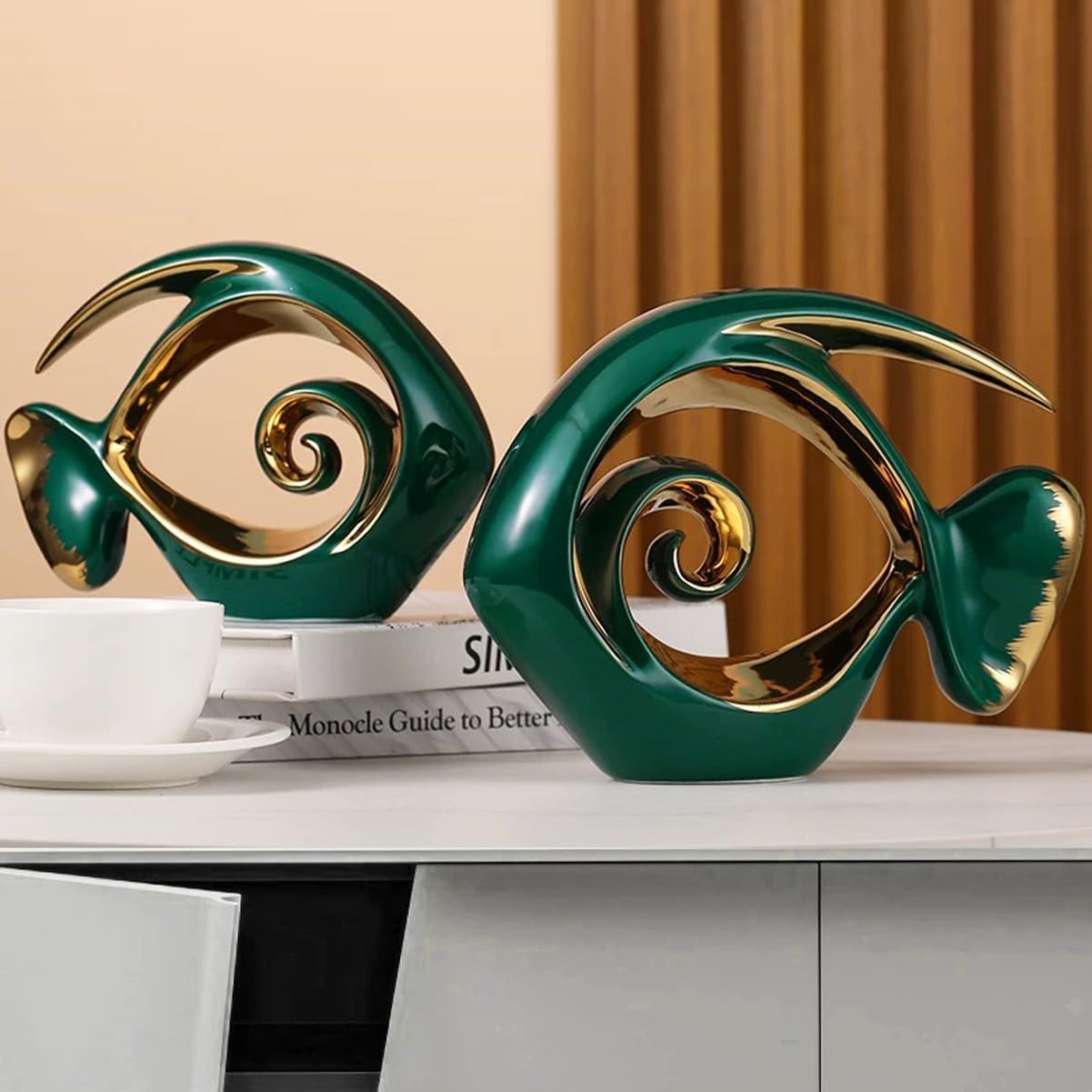 Ceramic Statues Angelfish Home Decor Modern Style Figurine Green and Gold Decorative Ornaments for Living Room, Table Centerpiece, Kitchen, Office Desktop, Shelf, Entryway Decoration
