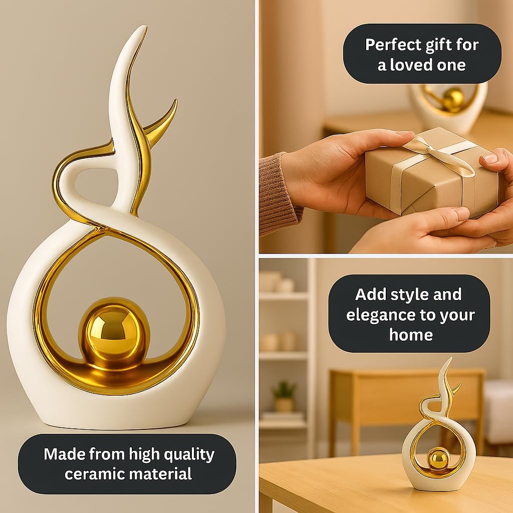 White & Gold Abstract Ceramic Ornament – Modern Decorative Sculpture for Living Room, Shelf & Coffee Table Décor – Minimalist Home Accent, Table Centerpiece Gift for Home Lovers