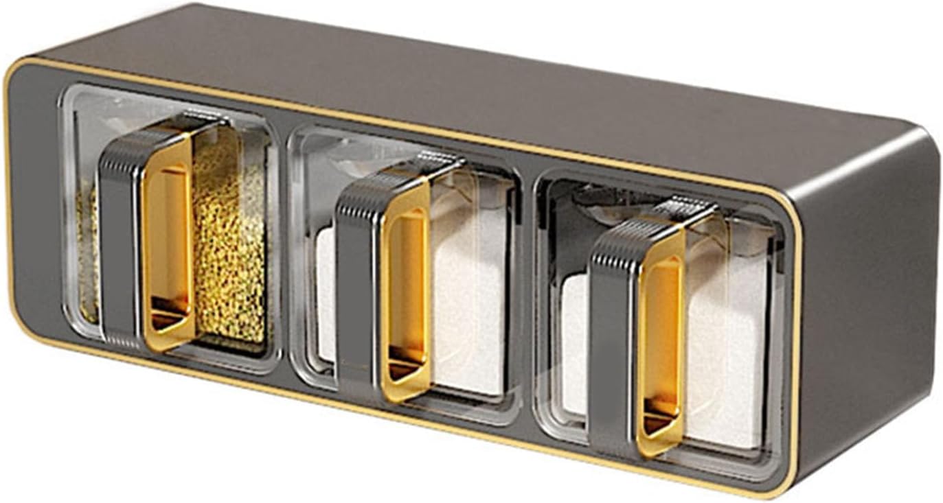 Seasoning Organizer Box, Acrylic Spice Storage Box, 3 Compartments Transparent Spice Rack Spice Jar Spice Container With Lid And Spoon Storage Container Black