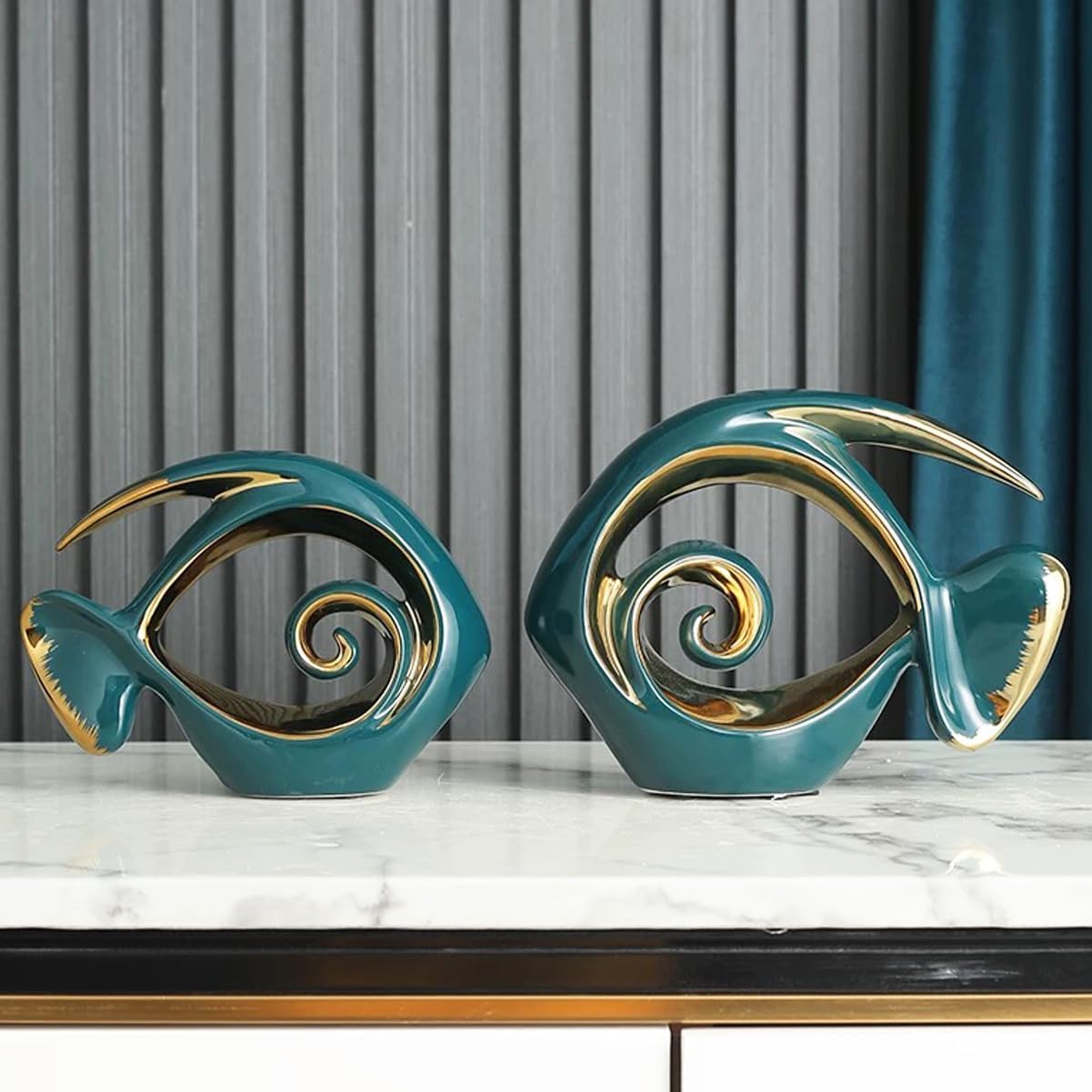 Ceramic Statues Angelfish Home Decor Modern Style Figurine Green and Gold Decorative Ornaments for Living Room, Table Centerpiece, Kitchen, Office Desktop, Shelf, Entryway Decoration