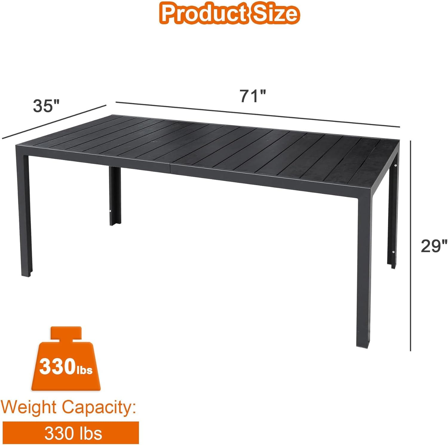 LUCKYERMORE Outdoor Dining Table for 6-8 Person, 71" Rectangular Patio Dining Table with Aluminum Frame, Black Table for Deck Garden Lawn Backyard Use
