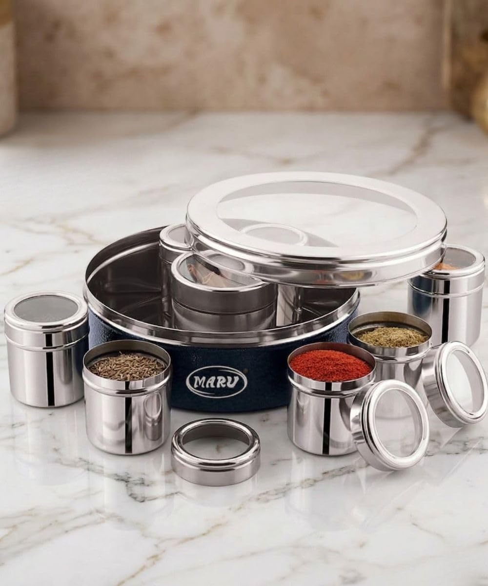 MARU 12 IN 1 Stainless Steel Indian Masala Box with See Through Lids, Elegant Spice box, Masala Dabba with 9 Spice Containers & 4 spoons for Kitchen Rack Organizer, Spice Storage Container for Kitchen
