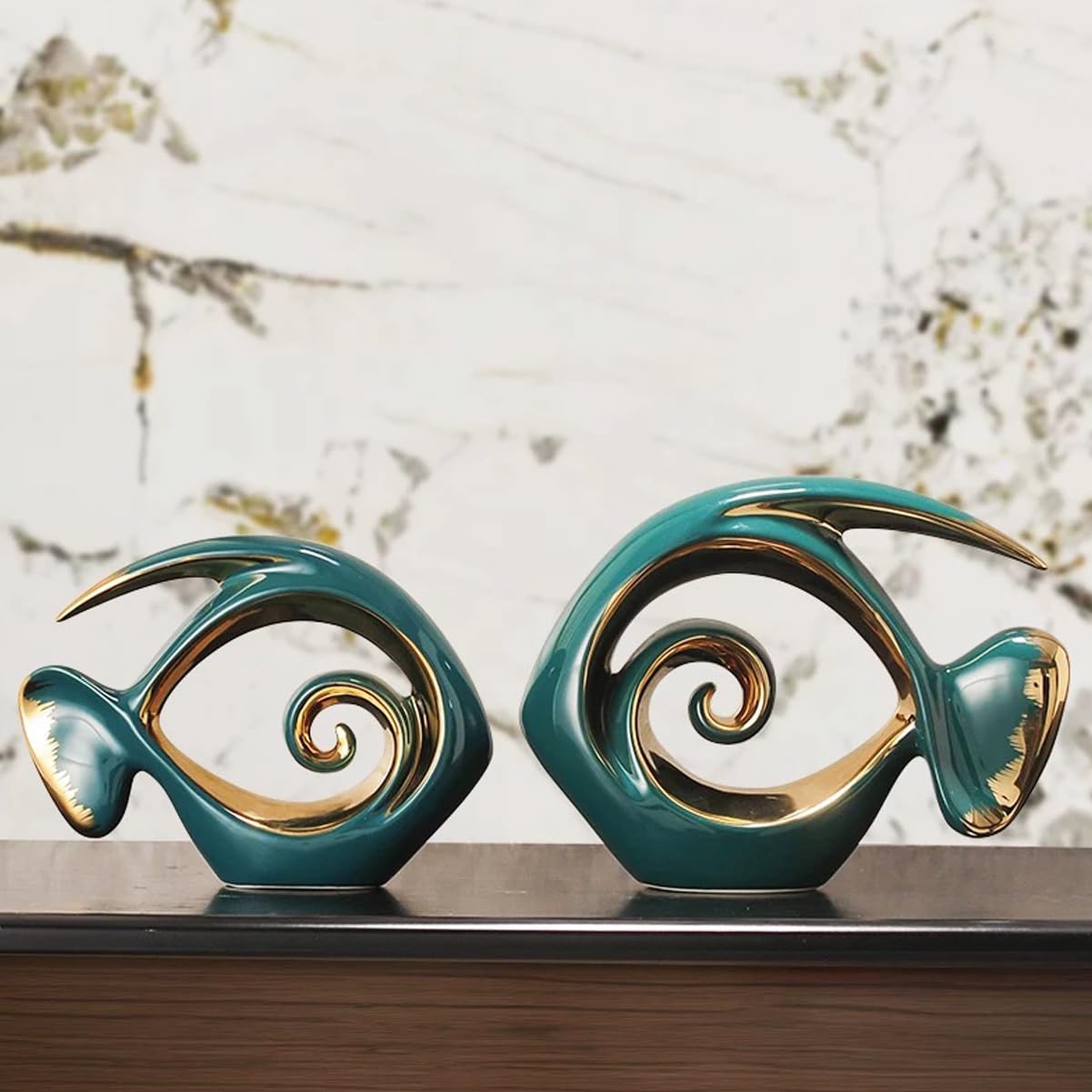 Ceramic Statues Angelfish Home Decor Modern Style Figurine Green and Gold Decorative Ornaments for Living Room, Table Centerpiece, Kitchen, Office Desktop, Shelf, Entryway Decoration