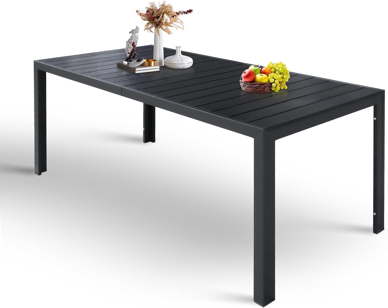 LUCKYERMORE Outdoor Dining Table for 6-8 Person, 71" Rectangular Patio Dining Table with Aluminum Frame, Black Table for Deck Garden Lawn Backyard Use