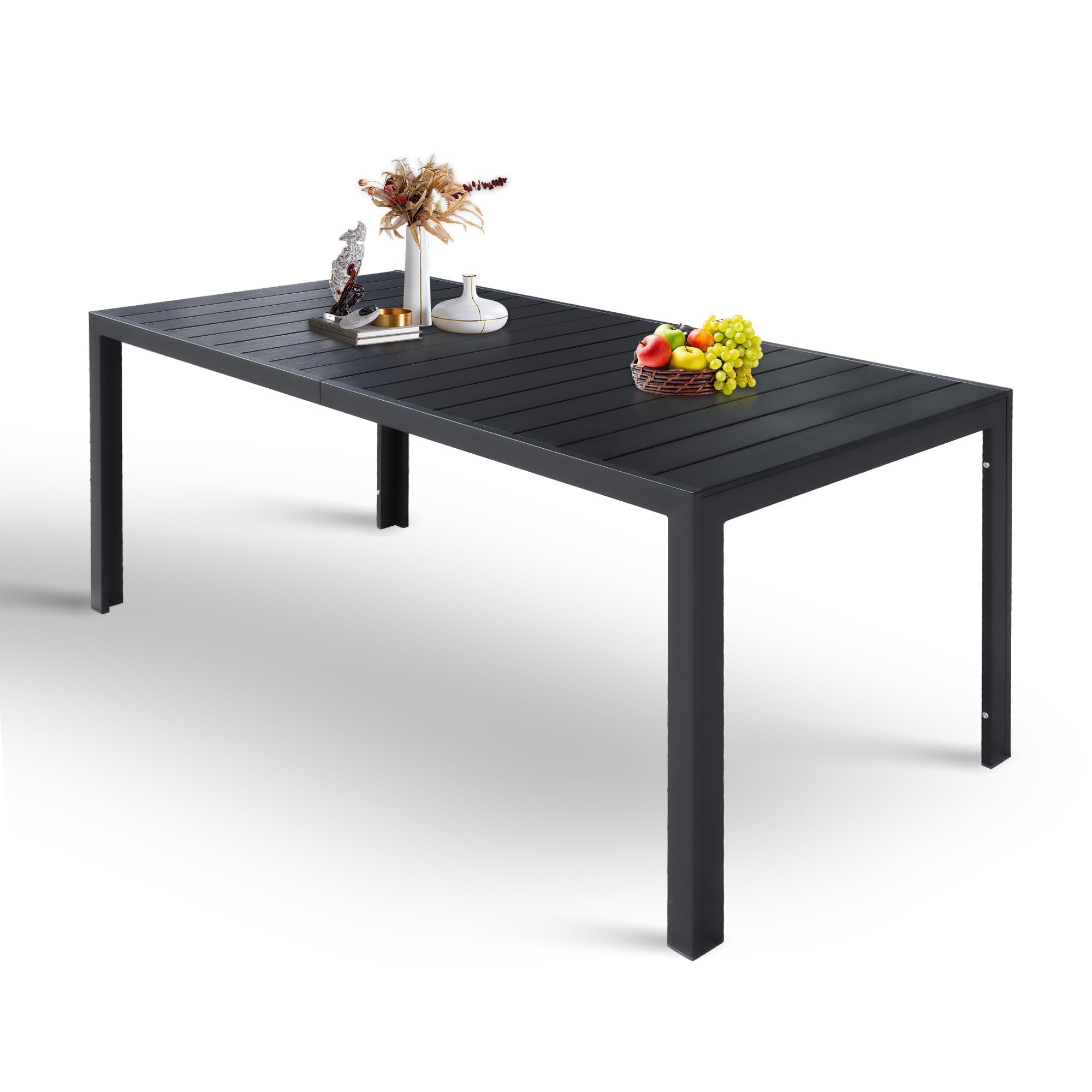 LUCKYERMORE Outdoor Dining Table for 6-8 Person, 71" Rectangular Patio Dining Table with Aluminum Frame, Black Table for Deck Garden Lawn Backyard Use