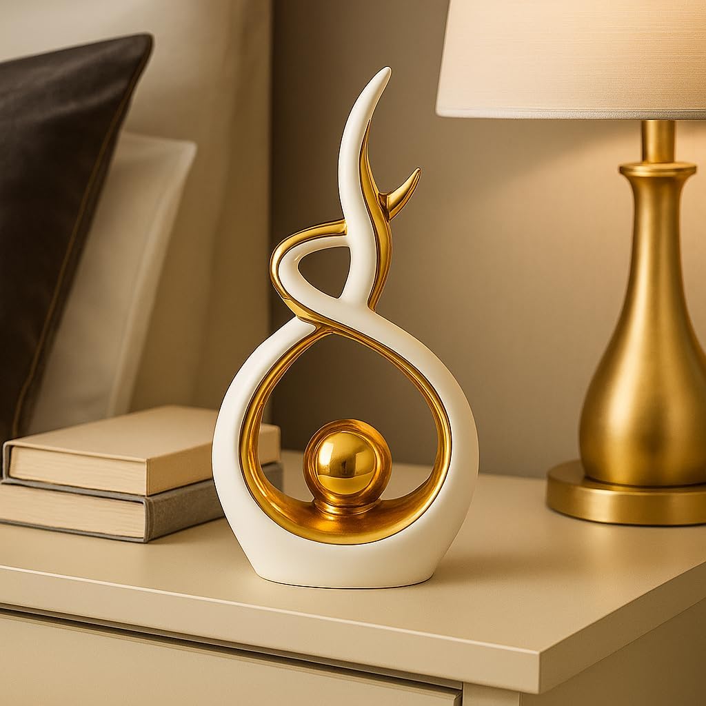 White & Gold Abstract Ceramic Ornament – Modern Decorative Sculpture for Living Room, Shelf & Coffee Table Décor – Minimalist Home Accent, Table Centerpiece Gift for Home Lovers