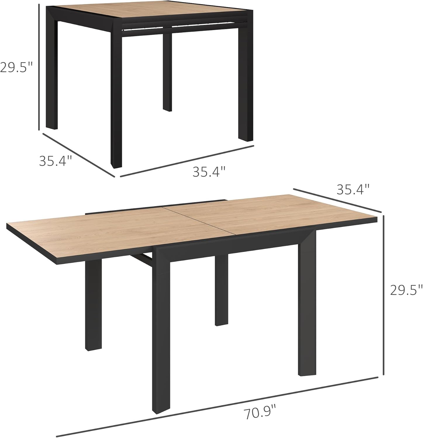 Outsunny Aluminum Outdoor Dining Table, 35.5"–71" Expandable Patio Table for 4–6 People, Square/Rectangular Outdoor Furniture with Slatted Wood Grain Top for Backyard, Porch, Deck, Natural Wood