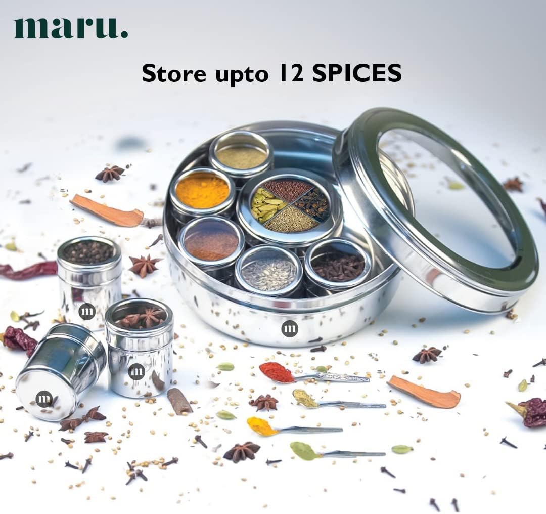 MARU 12 IN 1 Stainless Steel Indian Masala Box with See Through Lids, Elegant Spice box, Masala Dabba with 9 Spice Containers & 4 spoons for Kitchen Rack Organizer, Spice Storage Container for Kitchen