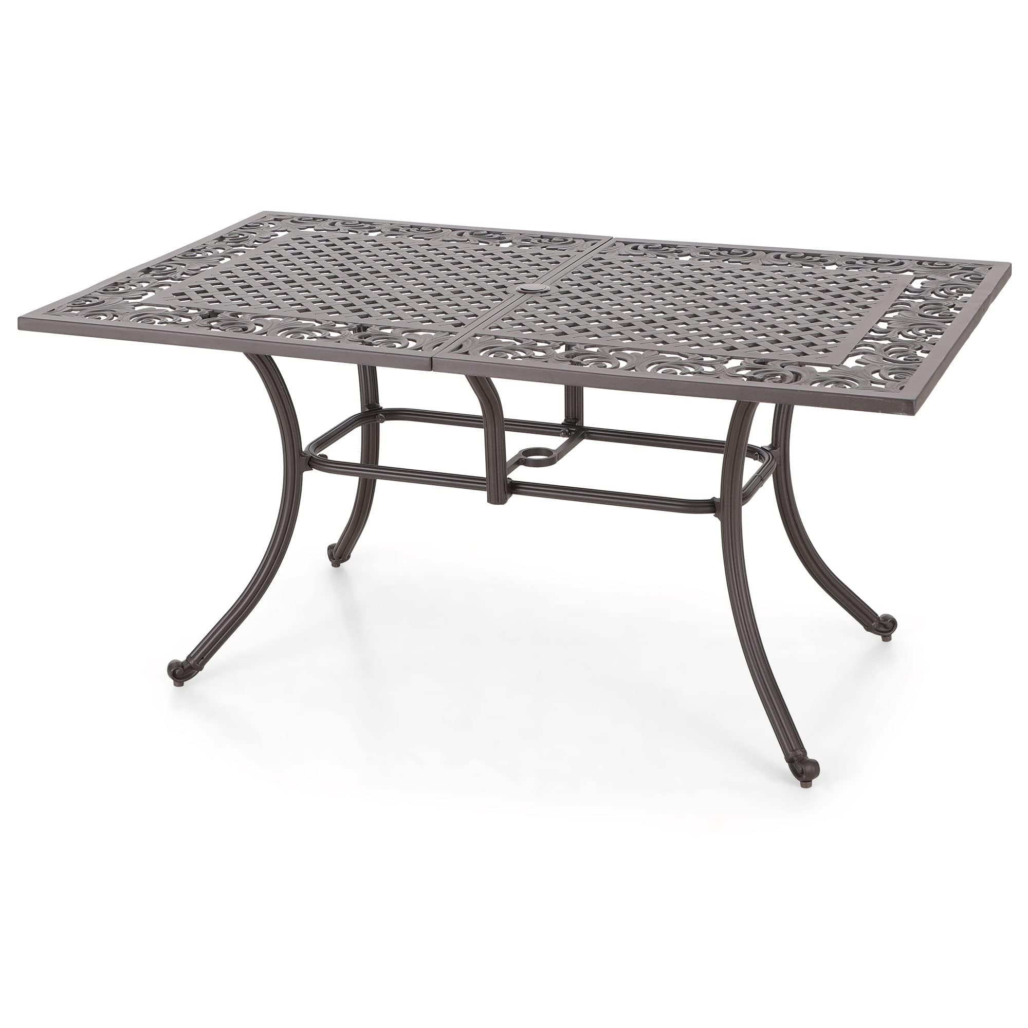 PHI VILLA 64" Outdoor Cast Aluminum Table for 6, Brown Rectangular Metal Dining Table with Umbrella Hole, All Weather Retro Patio Furniture for Outside Deck, Porch, Backyard
