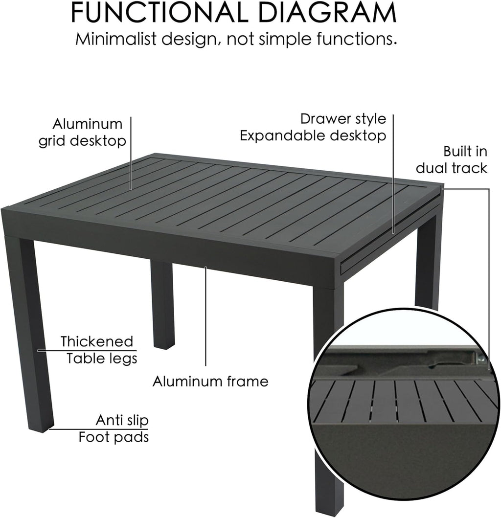 Kozyard Expandable Outdoor Patio Dining Table, 43"–86.6" Adjustable Length, All-Aluminum Frame, Weather & Rust Resistant, for Backyard, Porch, Deck, Garden, Gray