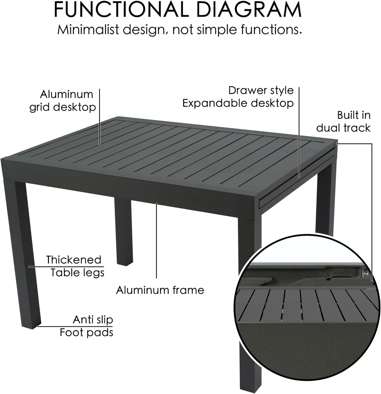 Kozyard Expandable Outdoor Patio Dining Table, 43"–86.6" Adjustable Length, All-Aluminum Frame, Weather & Rust Resistant, for Backyard, Porch, Deck, Garden, Gray
