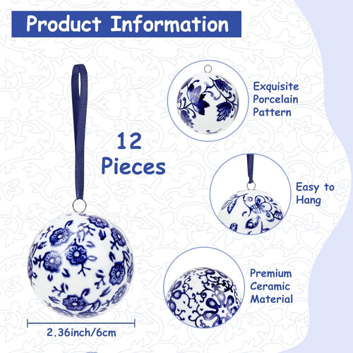 12 Pcs Christmas Chinoiserie Balls 2.36 Inch Blue and White Porcelain Chinoiserie Ornament Bulk Christmas Hanging Decorations Ceramic Decor for Home Tree Xmas Party