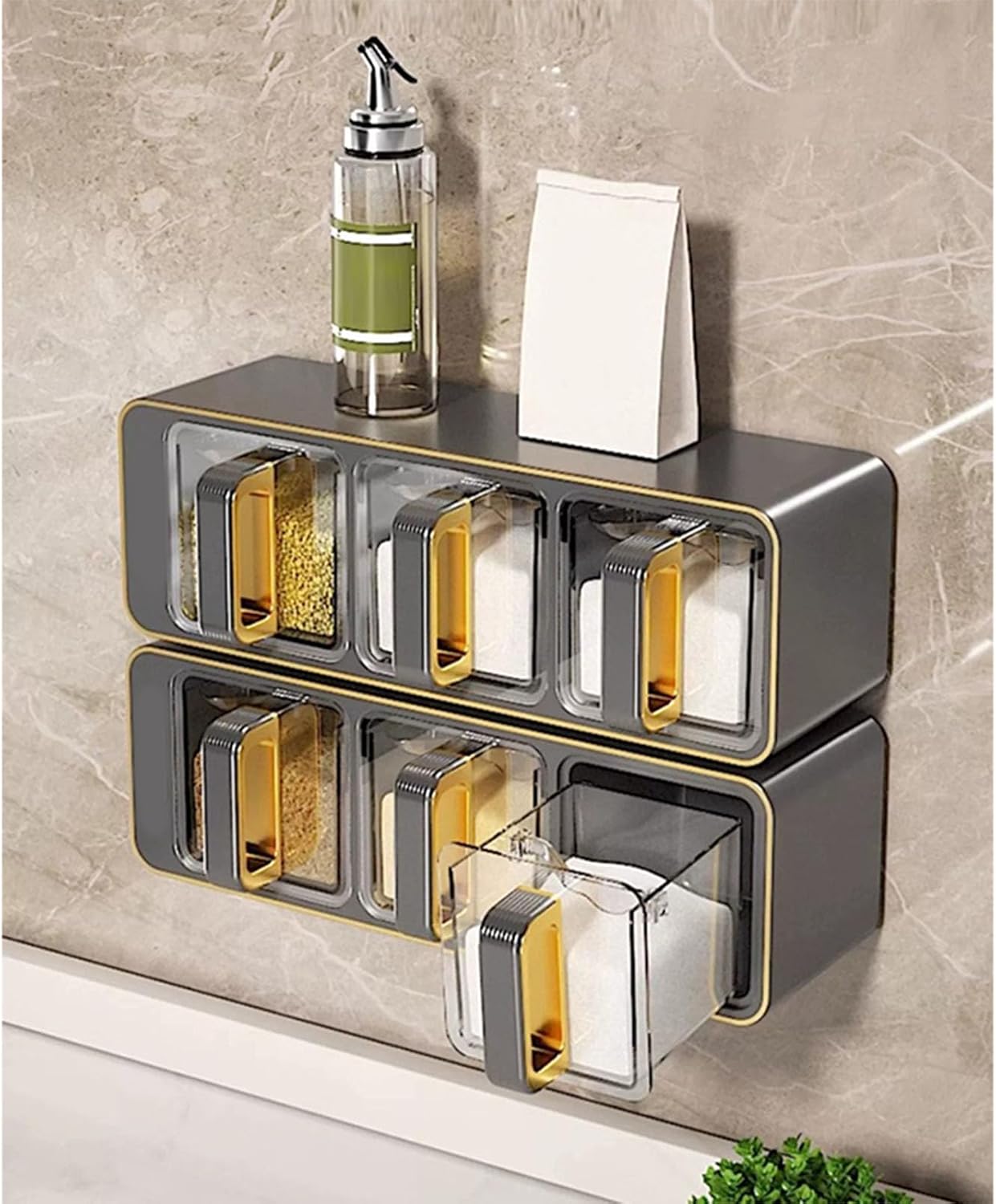 Seasoning Organizer Box, Acrylic Spice Storage Box, 3 Compartments Transparent Spice Rack Spice Jar Spice Container With Lid And Spoon Storage Container Black