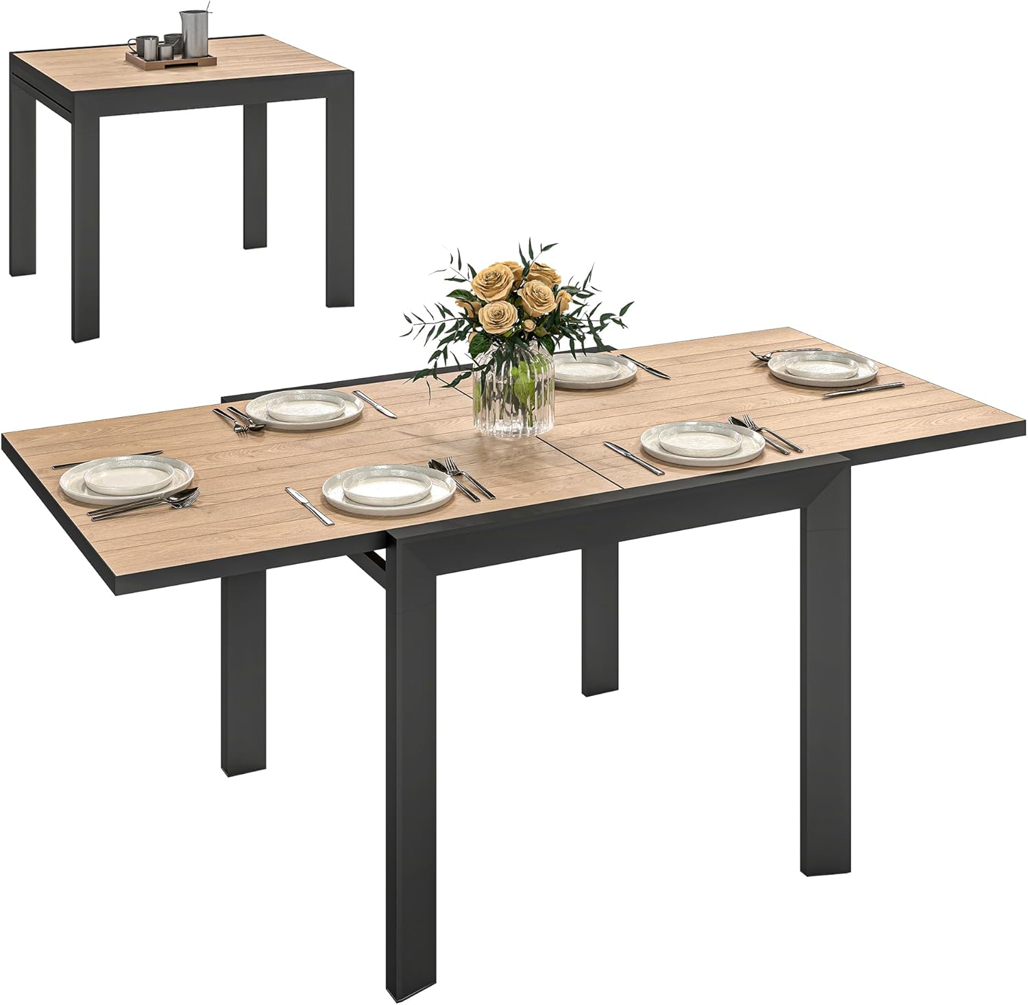 Outsunny Aluminum Outdoor Dining Table, 35.5"–71" Expandable Patio Table for 4–6 People, Square/Rectangular Outdoor Furniture with Slatted Wood Grain Top for Backyard, Porch, Deck, Natural Wood