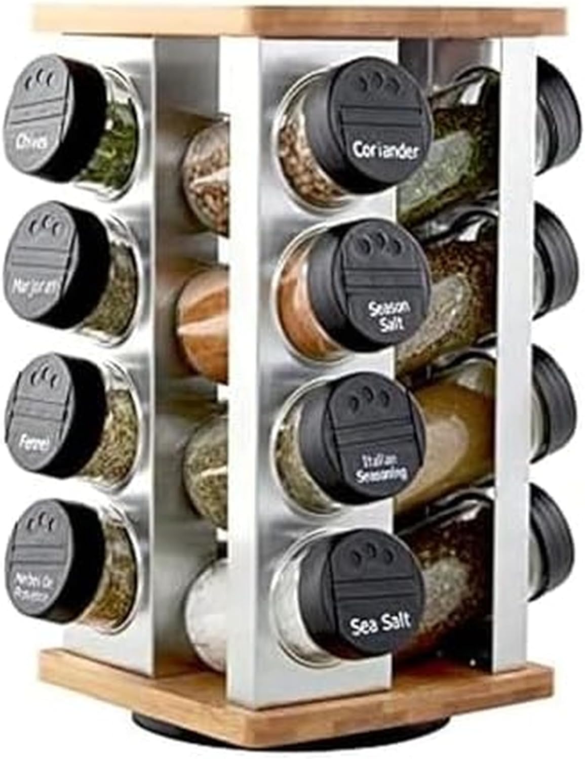 Kamenstein 16 Jar Bamboo 3-in-1 Spice Organizer for Countertop, Wall, and Drawer with Spices Included, FREE Spice Refills for 5 Years, Lift & Pour Caps