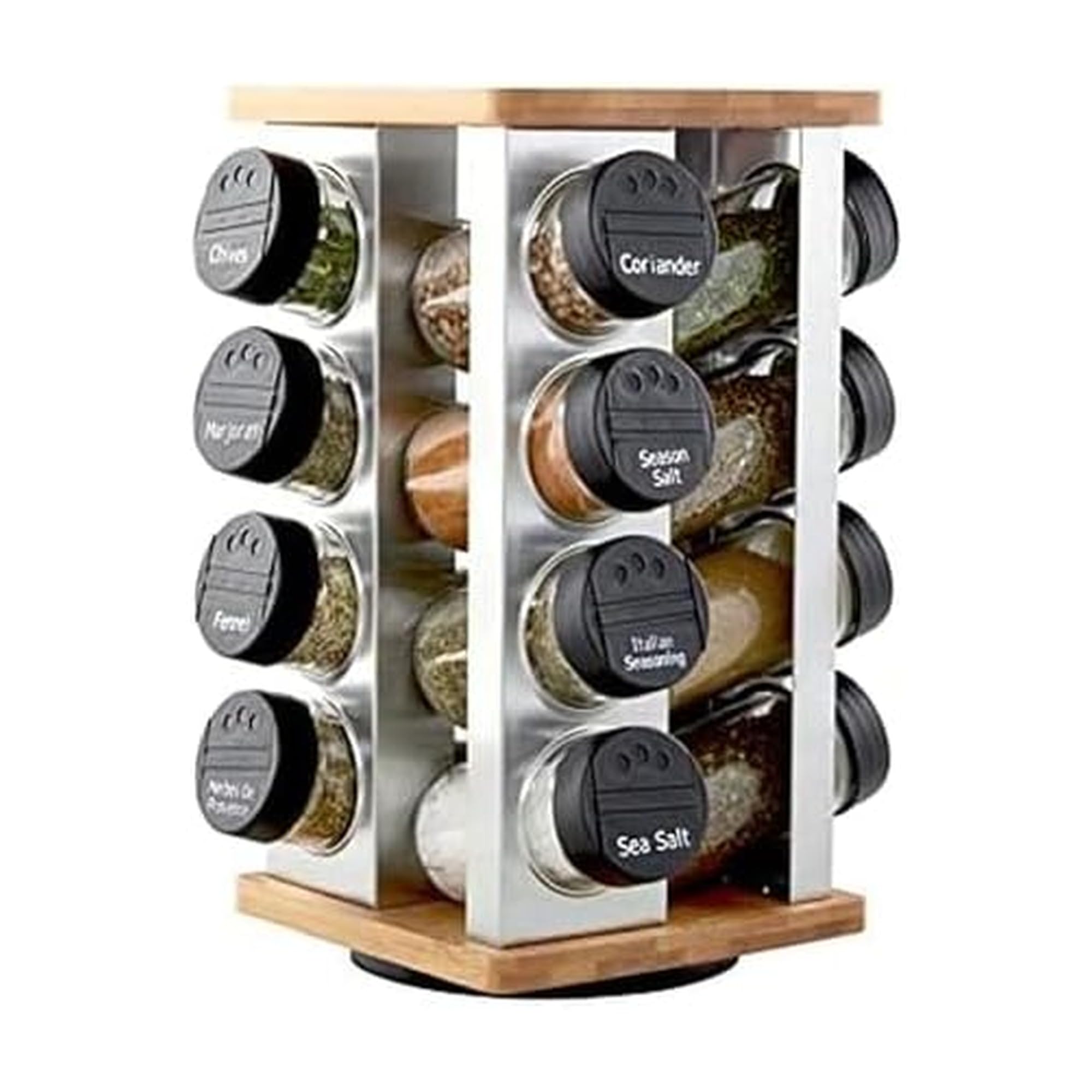 Kamenstein 16 Jar Bamboo 3-in-1 Spice Organizer for Countertop, Wall, and Drawer with Spices Included, FREE Spice Refills for 5 Years, Lift & Pour Caps