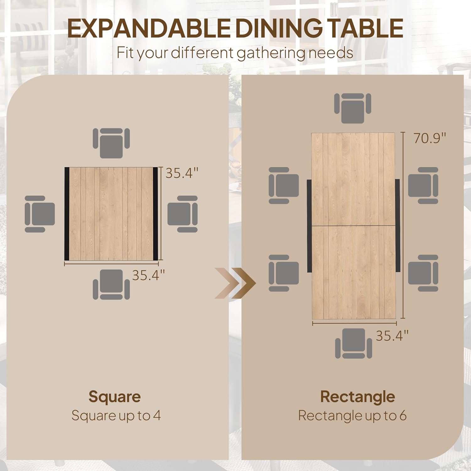 Outsunny Aluminum Outdoor Dining Table, 35.5"–71" Expandable Patio Table for 4–6 People, Square/Rectangular Outdoor Furniture with Slatted Wood Grain Top for Backyard, Porch, Deck, Natural Wood
