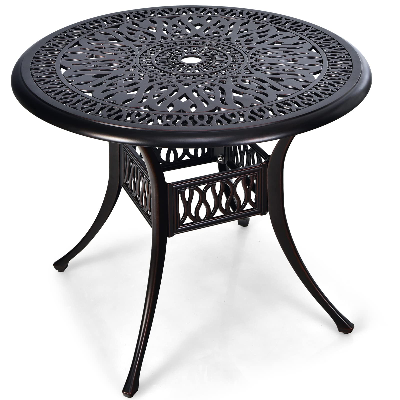 Tangkula 59 Inches Outdoor Dining Table, All-Weather Cast Aluminum Table with Umbrella Hole, 6-8 Person Rectangular Dining Table for Garden, Backyard and Poolside (Bronze)