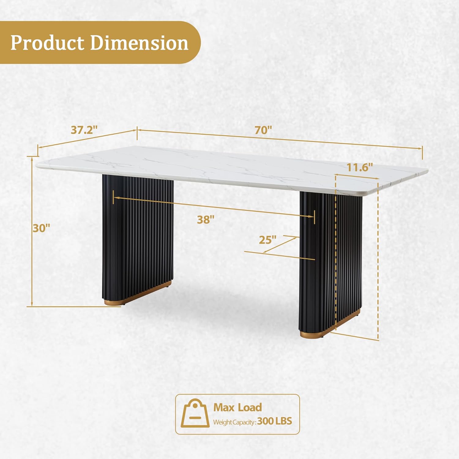Morden Fort Marble Dining Table for 6, 70 Inch Modern Kitchen Table with Black Fluted Base and Gold Trim for Ktichen, Dining Room and Reception