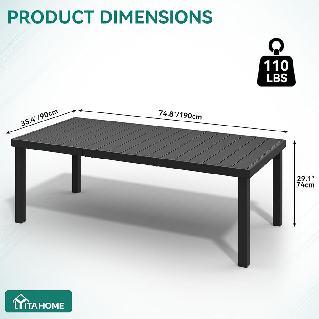 YITAHOME Aluminum Patio Dining Table for 8, 75" Outdoor Dining Table, E-Coated Rectangular Patio Table for Backyard Garden Lawn, Black
