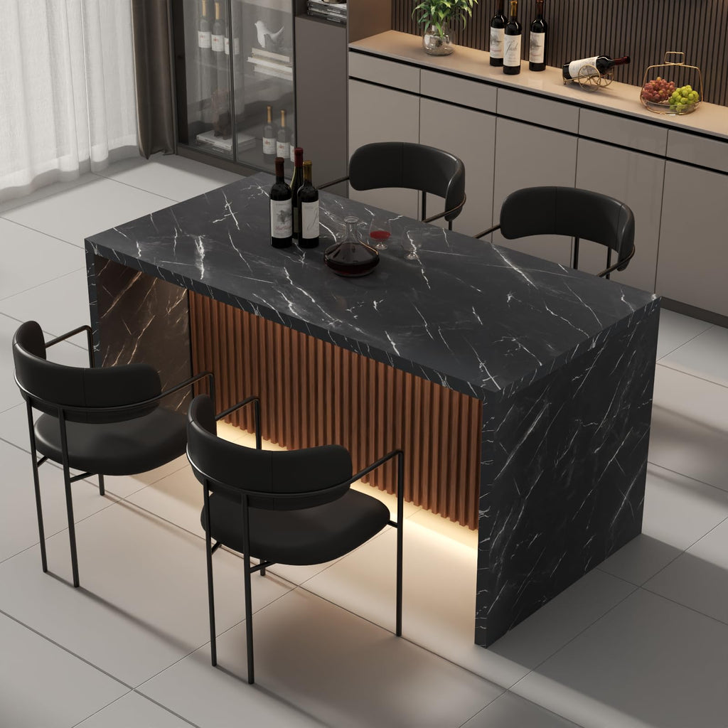 63" Large Imitation Marble Dining Table for 4-6 People,Kitchen Island Table with LED Lights, Mordern Marble Stripes Kitchen Dining Table with Grille design for Dining Room,Living Room (White)