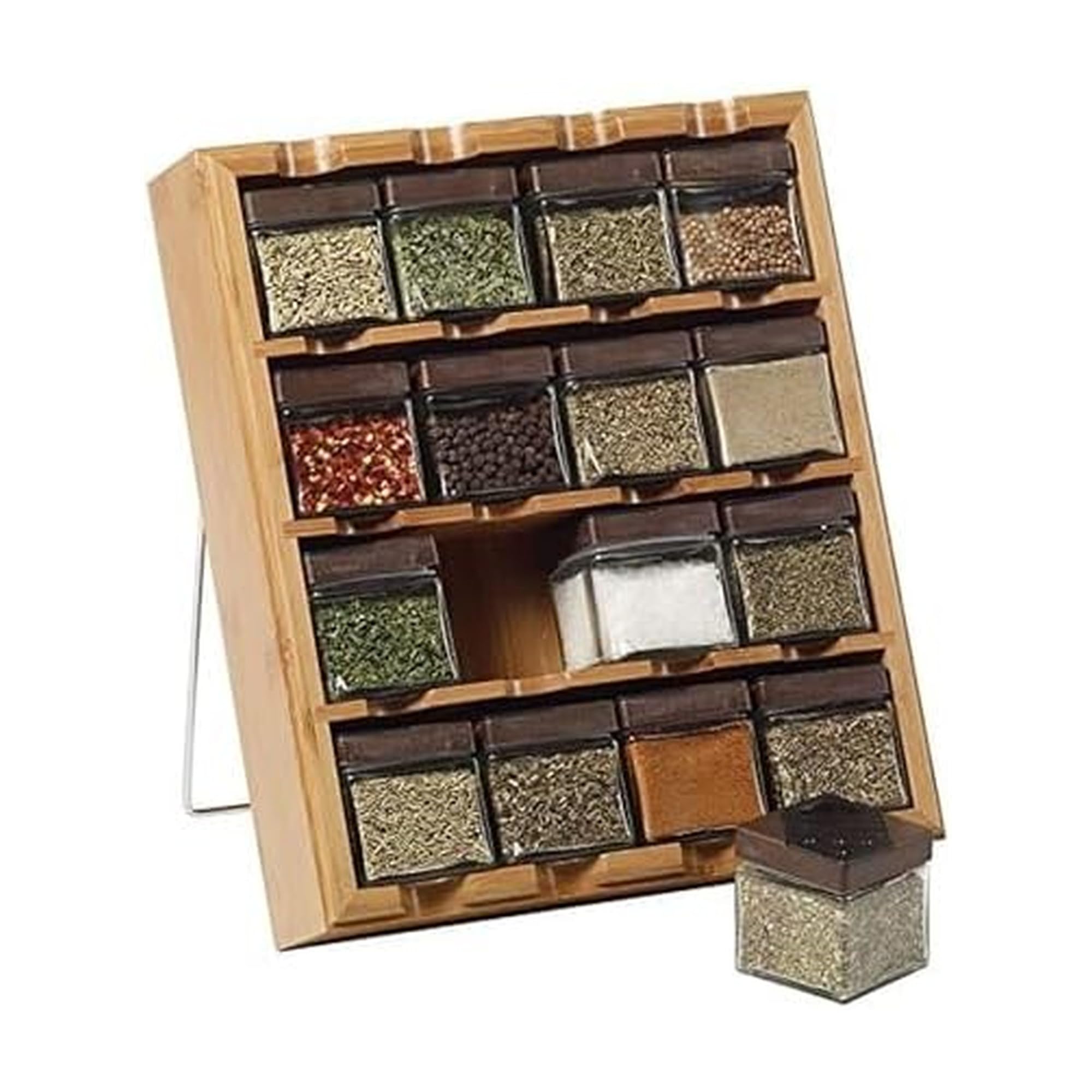 Kamenstein 16 Jar Bamboo 3-in-1 Spice Organizer for Countertop, Wall, and Drawer with Spices Included, FREE Spice Refills for 5 Years, Lift & Pour Caps