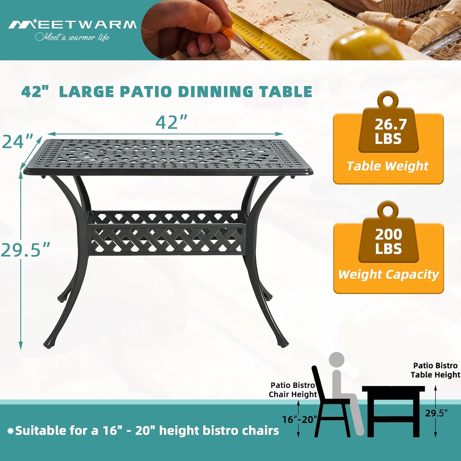 MEETWARM Outdoor Dining Table, All-Weather Cast Aluminum 42" Rectangle Patio Dining Table, 200 LBS Heavy Duty Patio Bistro Table for Balcony Poolside Deck Garden & Indoor Use, Dark Bronze