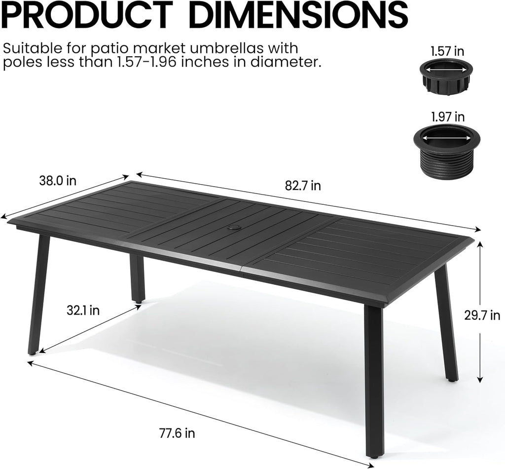 Outdoor Dining Table for 8, 83" Aluminum Patio Table with Umbrella Hole Rectangle All Weather Outside Table for Lawn Backyard Garden