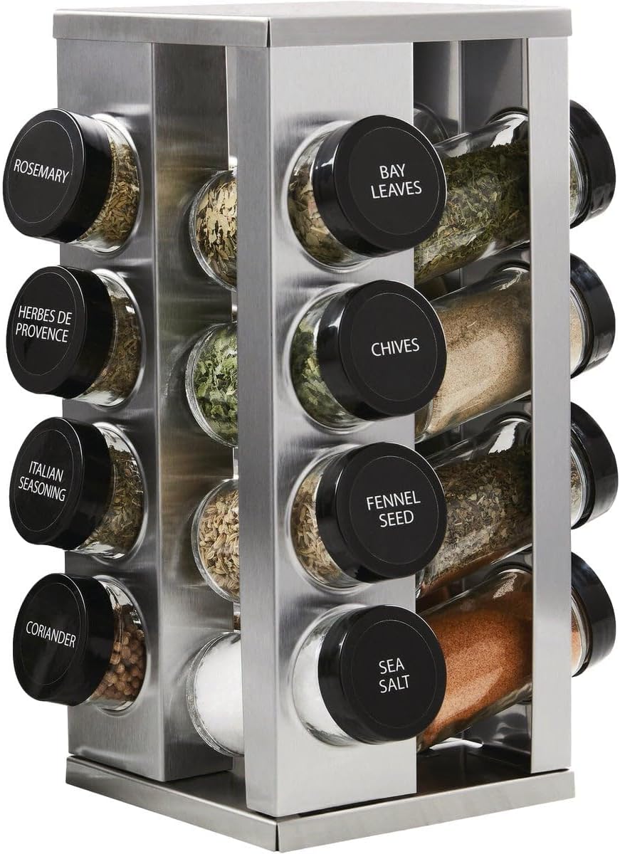 Kamenstein 16 Jar Bamboo 3-in-1 Spice Organizer for Countertop, Wall, and Drawer with Spices Included, FREE Spice Refills for 5 Years, Lift & Pour Caps