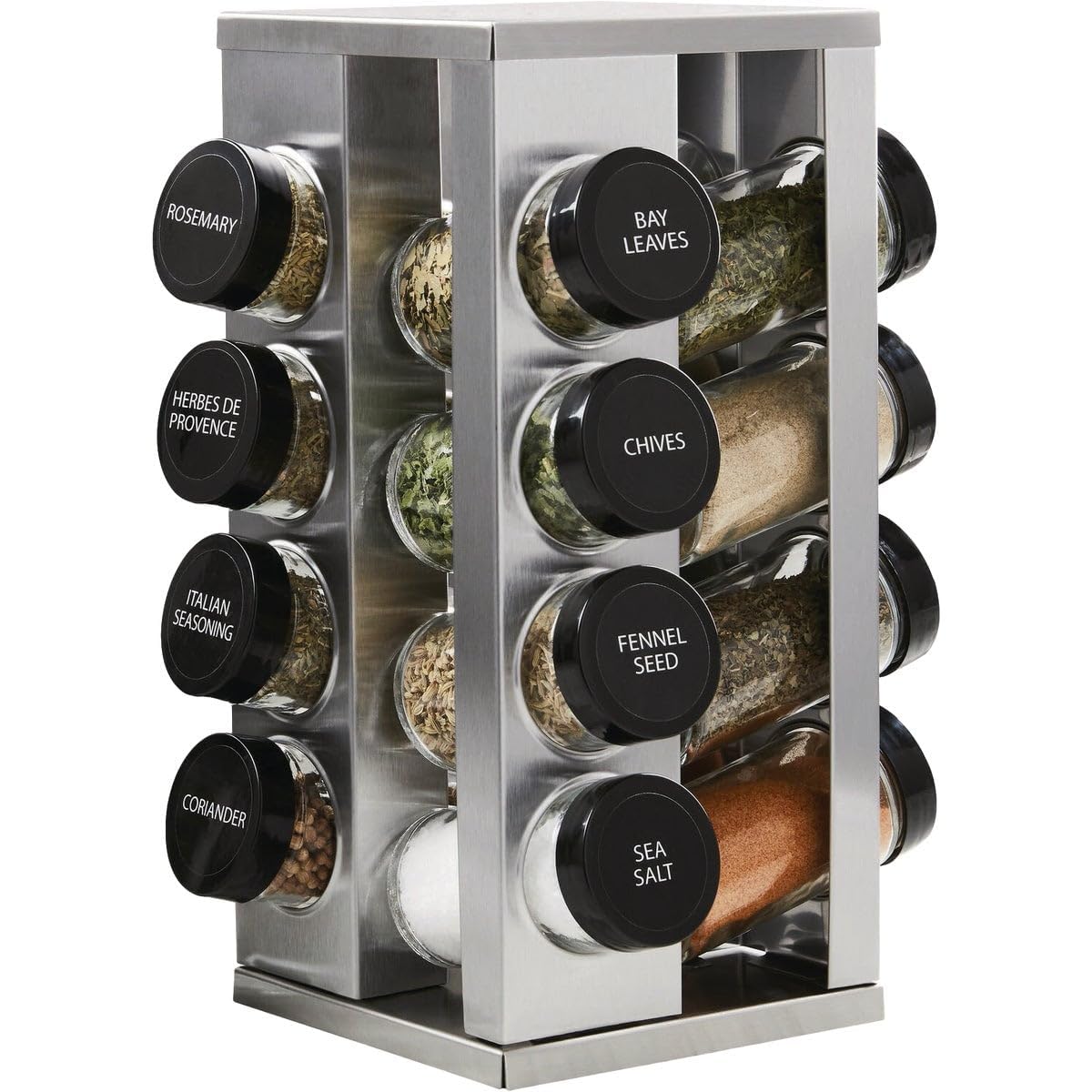 Kamenstein 16 Jar Bamboo 3-in-1 Spice Organizer for Countertop, Wall, and Drawer with Spices Included, FREE Spice Refills for 5 Years, Lift & Pour Caps