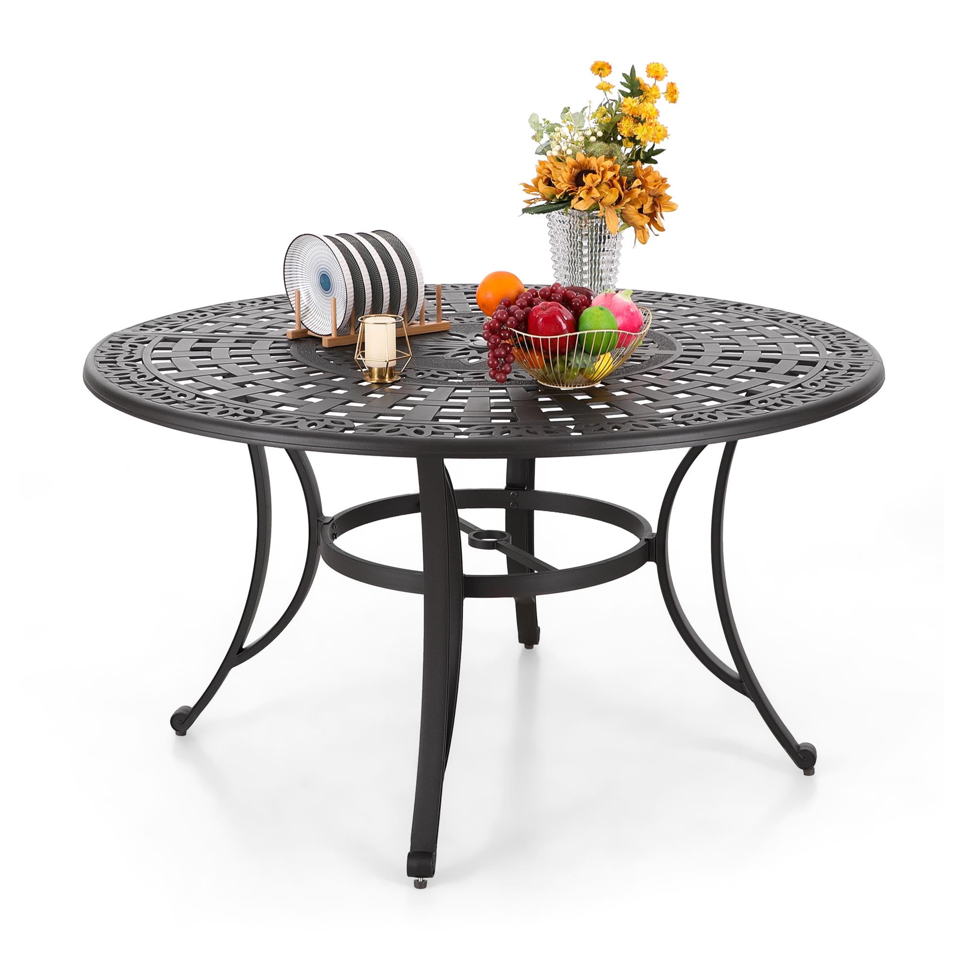 PHI VILLA 64" Outdoor Cast Aluminum Table for 6, Brown Rectangular Metal Dining Table with Umbrella Hole, All Weather Retro Patio Furniture for Outside Deck, Porch, Backyard