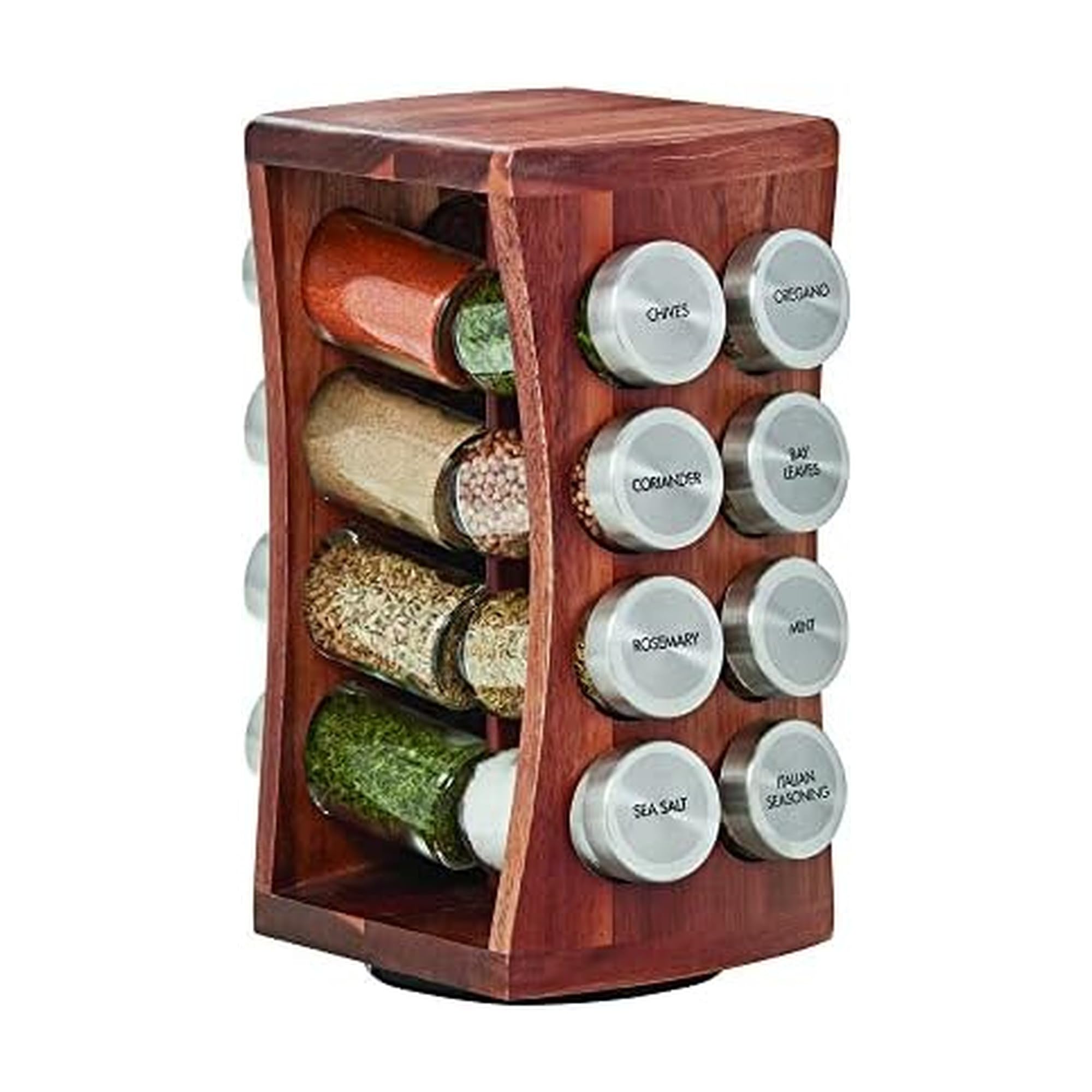 Kamenstein 16 Jar Bamboo 3-in-1 Spice Organizer for Countertop, Wall, and Drawer with Spices Included, FREE Spice Refills for 5 Years, Lift & Pour Caps