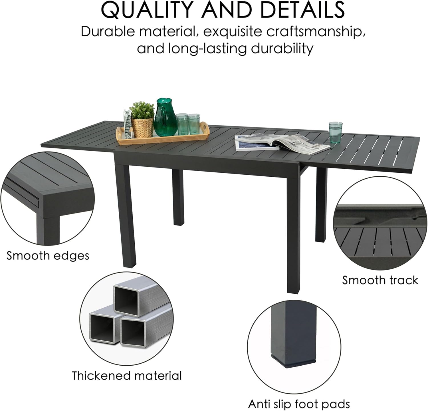 Kozyard Expandable Outdoor Patio Dining Table, 43"–86.6" Adjustable Length, All-Aluminum Frame, Weather & Rust Resistant, for Backyard, Porch, Deck, Garden, Gray