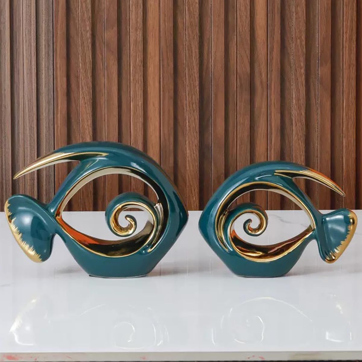 Ceramic Statues Angelfish Home Decor Modern Style Figurine Green and Gold Decorative Ornaments for Living Room, Table Centerpiece, Kitchen, Office Desktop, Shelf, Entryway Decoration