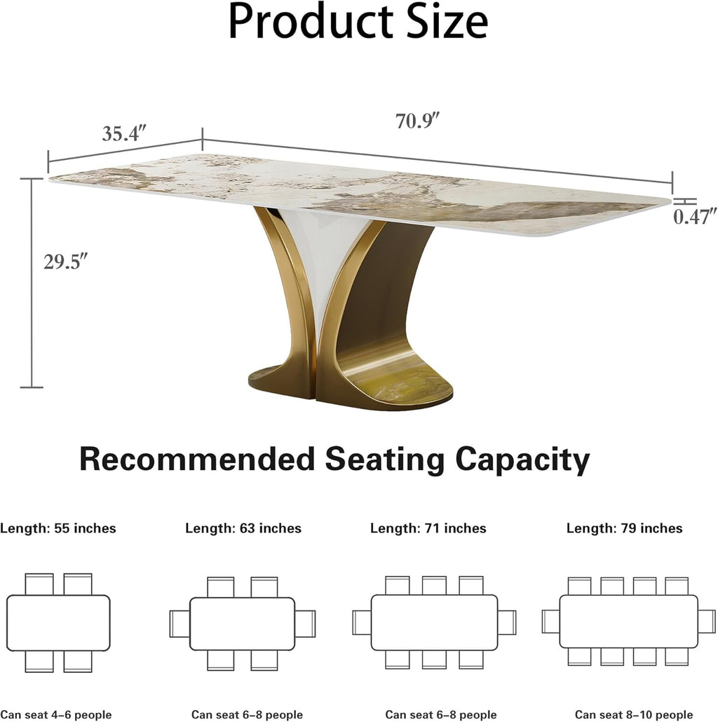 71'' Rectangular Dining Table for 6-8 People, Modern Sintered Stone Kitchen Table Top with Gold Metal Legs, Luxury Dining Room Table with Faux Marble Tabletop for Home, Restaurant