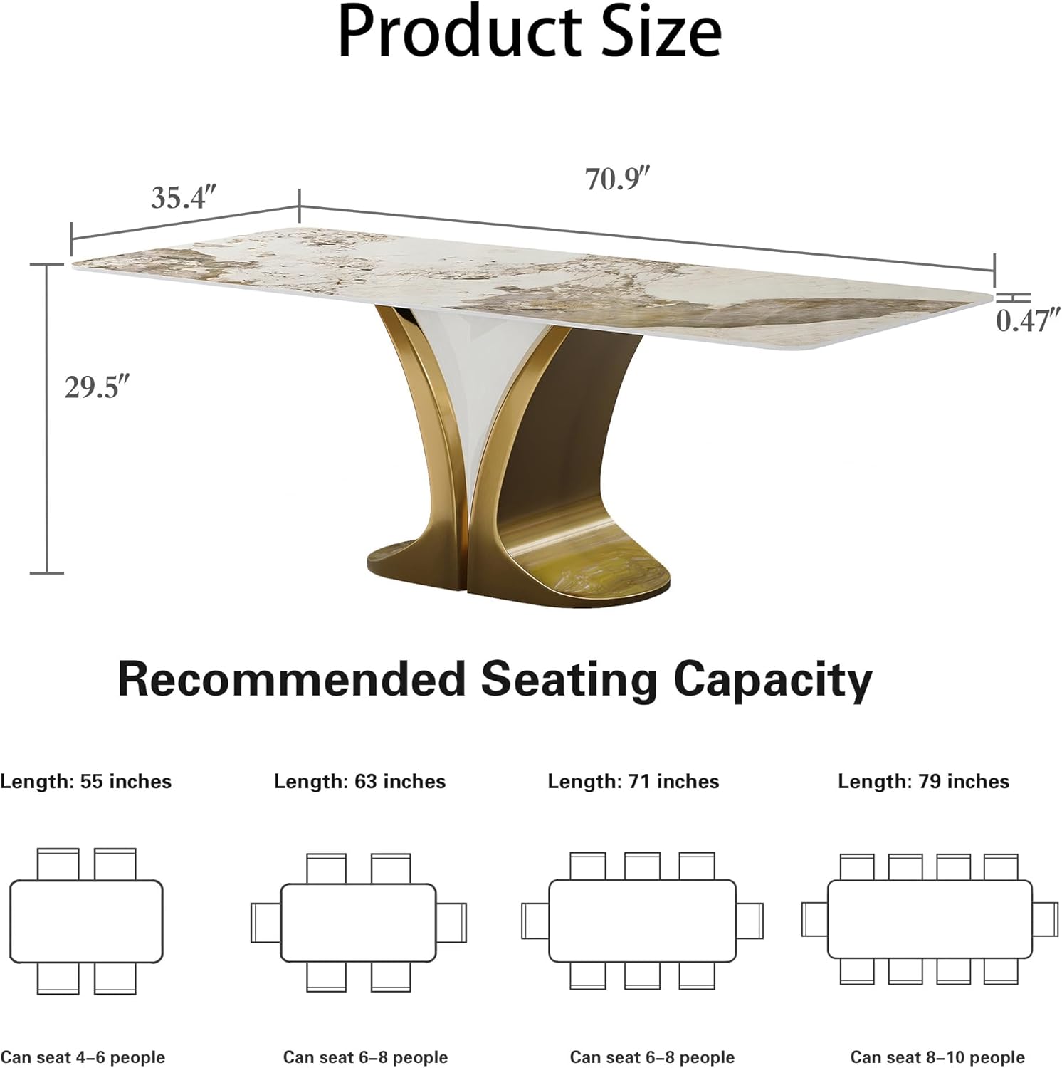 71'' Rectangular Dining Table for 6-8 People, Modern Sintered Stone Kitchen Table Top with Gold Metal Legs, Luxury Dining Room Table with Faux Marble Tabletop for Home, Restaurant