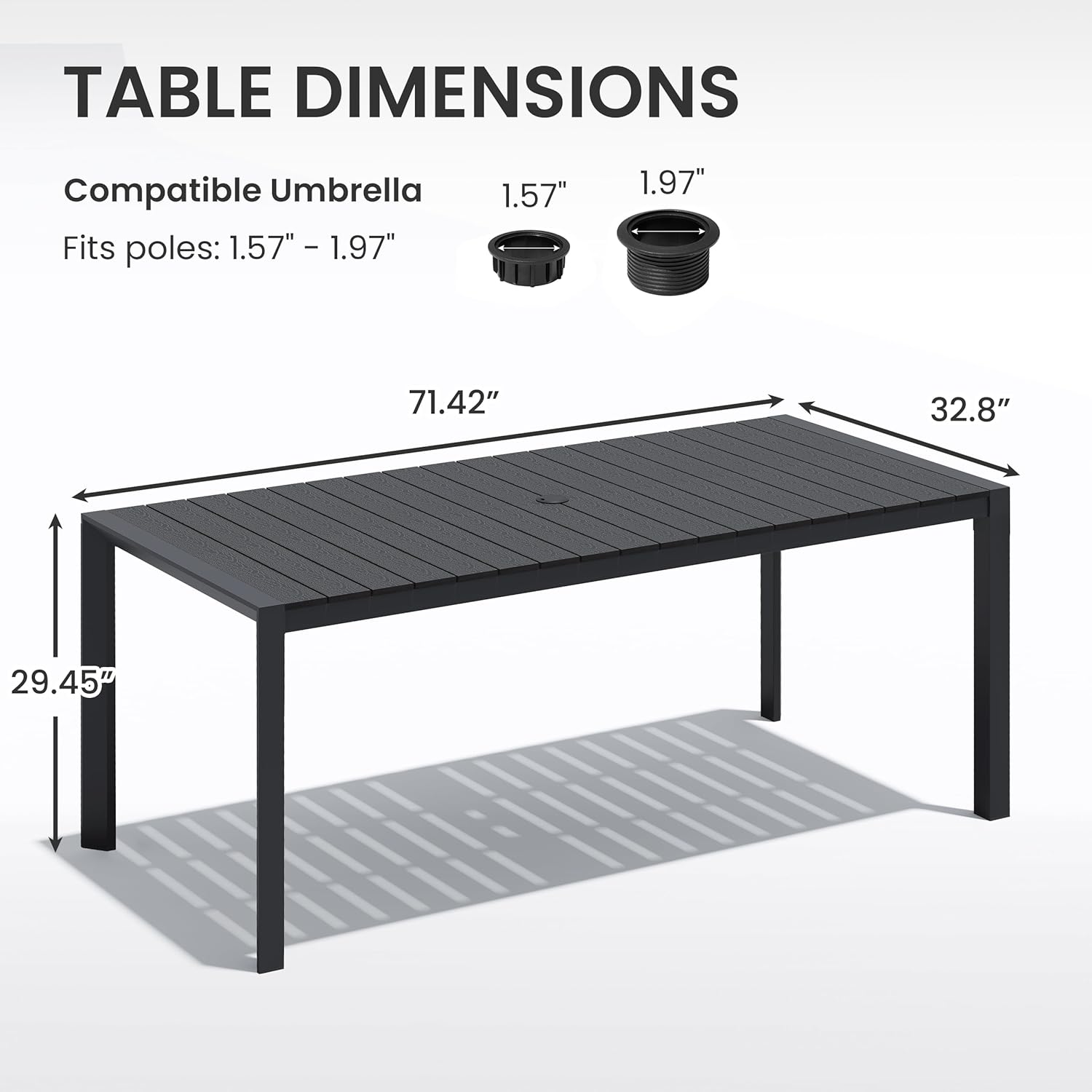 Crestlive Products Outdoor Dining Table for 6, 71in Aluminum Patio Dining Table with Umbrella Hole Weather-Resistant Rectangle Outside Table for Garden Backyard Indoor, Black