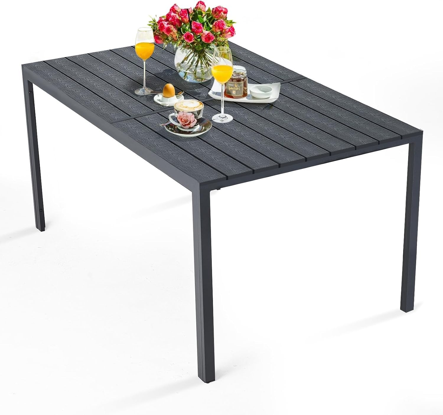 AECOJOY 60" Outdoor Dining Table, Aluminum Patio Table with Wood-Plastic Composite Tabletop,6 Seater Dining Table for Backyard Garden