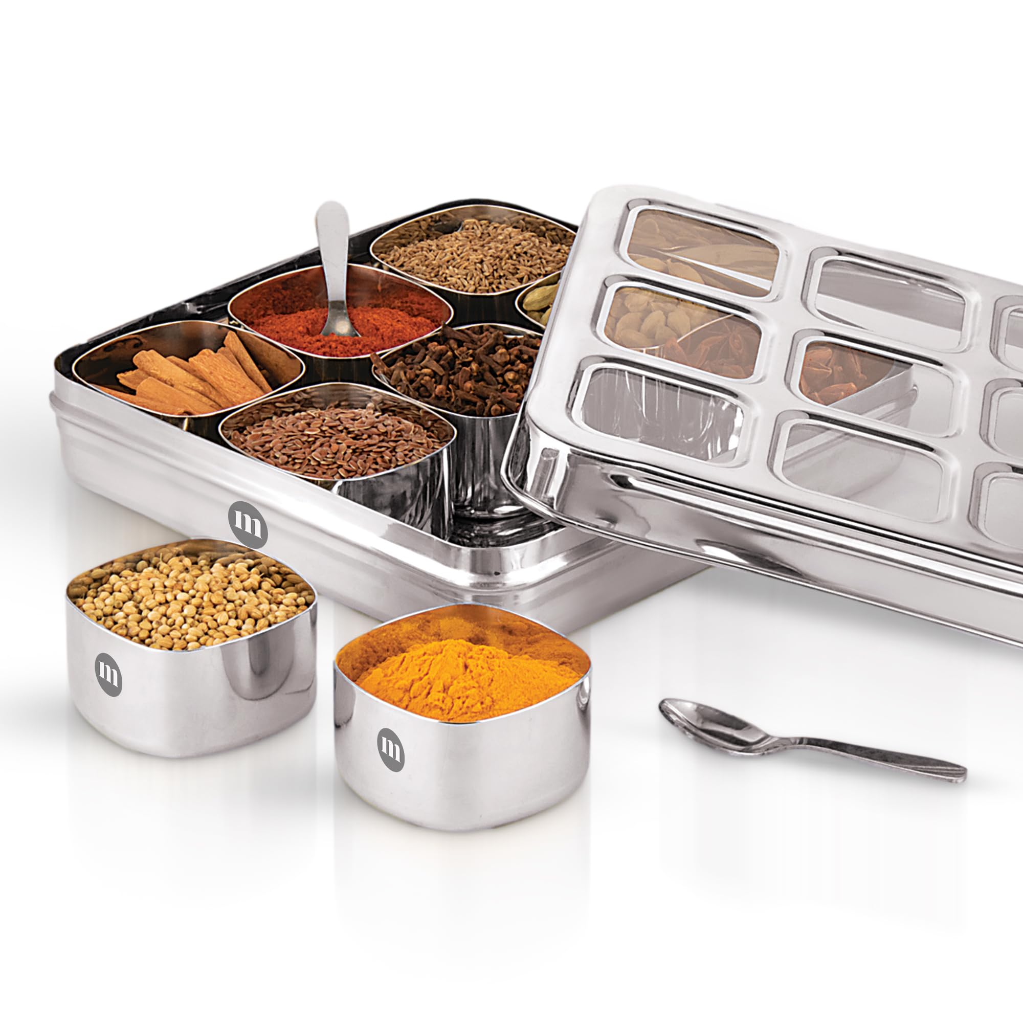 MARU 12 IN 1 Stainless Steel Indian Masala Box with See Through Lids, Elegant Spice box, Masala Dabba with 9 Spice Containers & 4 spoons for Kitchen Rack Organizer, Spice Storage Container for Kitchen