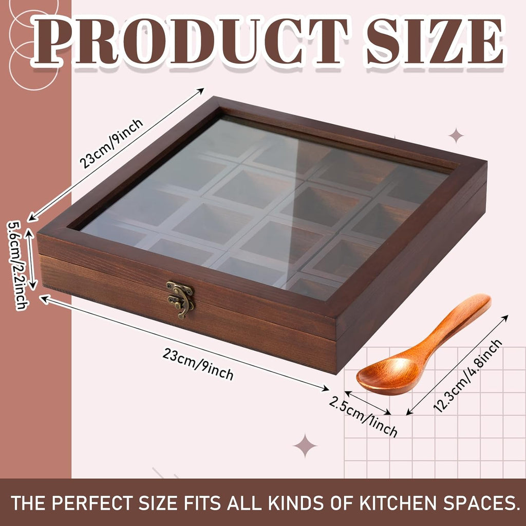 AceOrbit Wooden Spice Box with Wooden Spoon, Decorative Masala Dabba Organizer with Glass Lid, Indian Spice Storage Container, Ideal for Seasonings & Herbs(Square,12 x 12 Inch)
