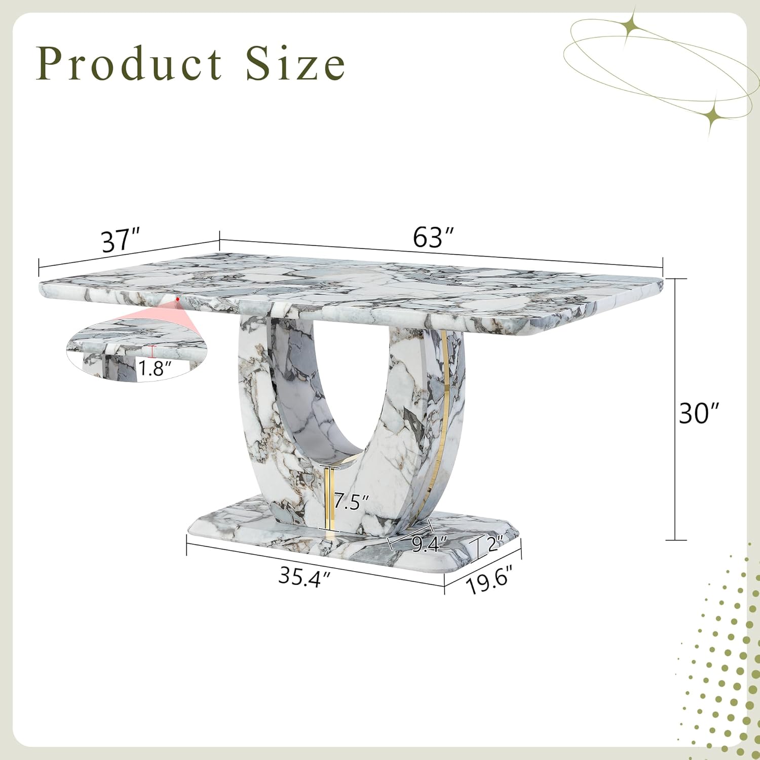 Modern Faux Marble Dining Table, 63" Rectangular Kitchen Table with U-Shaped Base,Luxury Dining Room Table for Home, Apartment, Easy Assembly