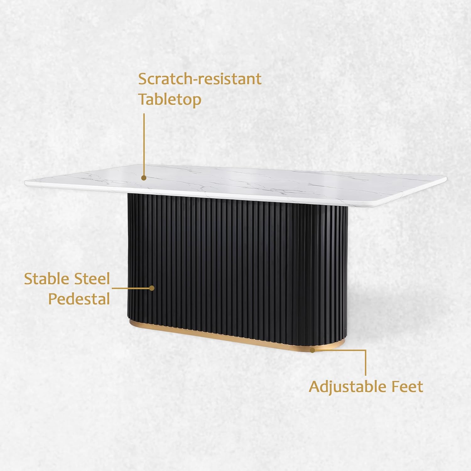 Morden Fort Marble Dining Table for 6, 70" Modern Dining Table with Black Fluted Base and White Faux Marble Top, Kitchen Table with Gold Trim for Ktichen, Reception and Conference
